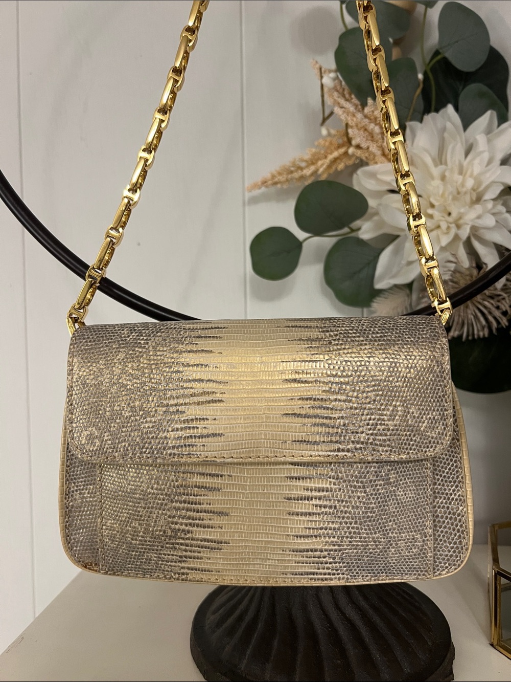 Cole Haan Metallic Gold Lizard-Embossed Shoulder Bag with Chain Strap